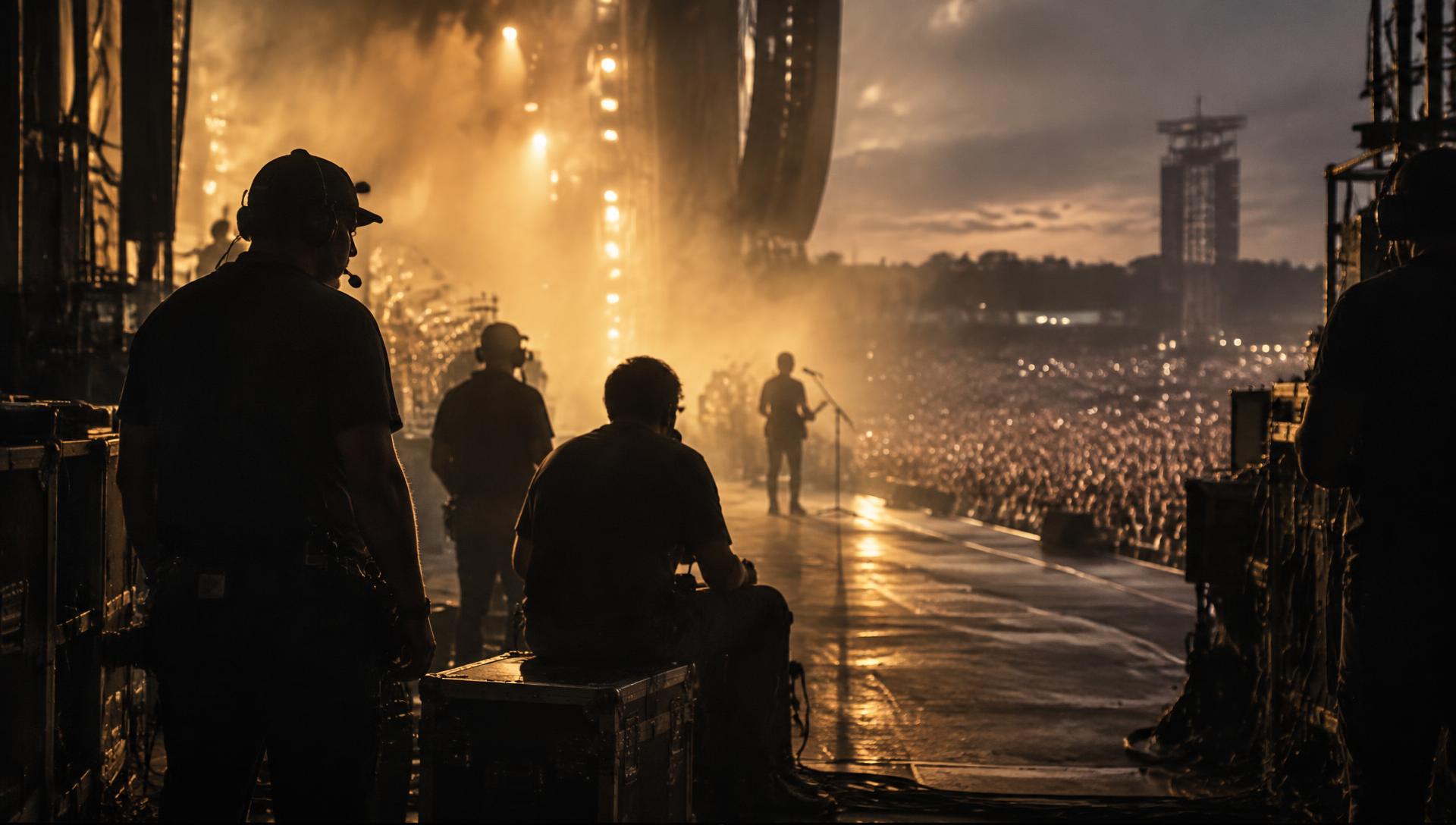 Crew watching a show from the wings of a large stage